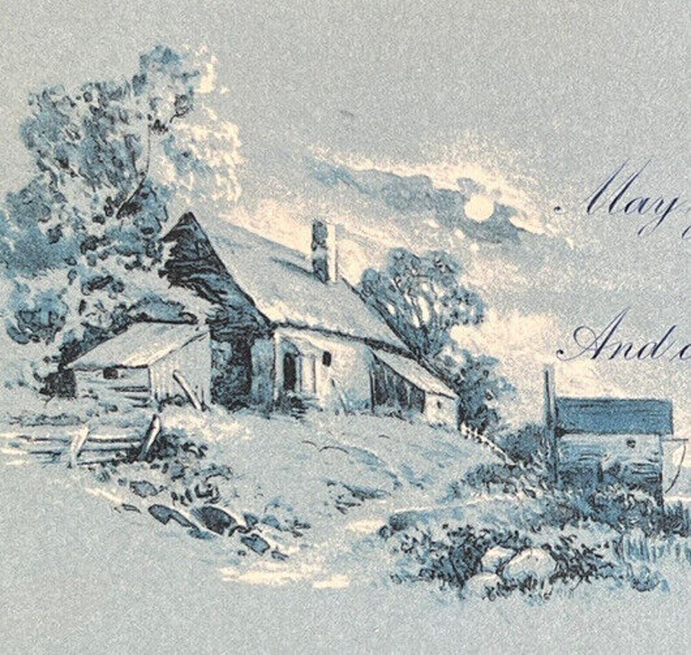Antique 1912 Ephemera Postcard Blue Winter Countryside Cottage Birthday Wishes